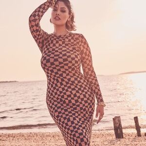 Eloquii Midi Navy and Tan Checkers Dress Sz 14